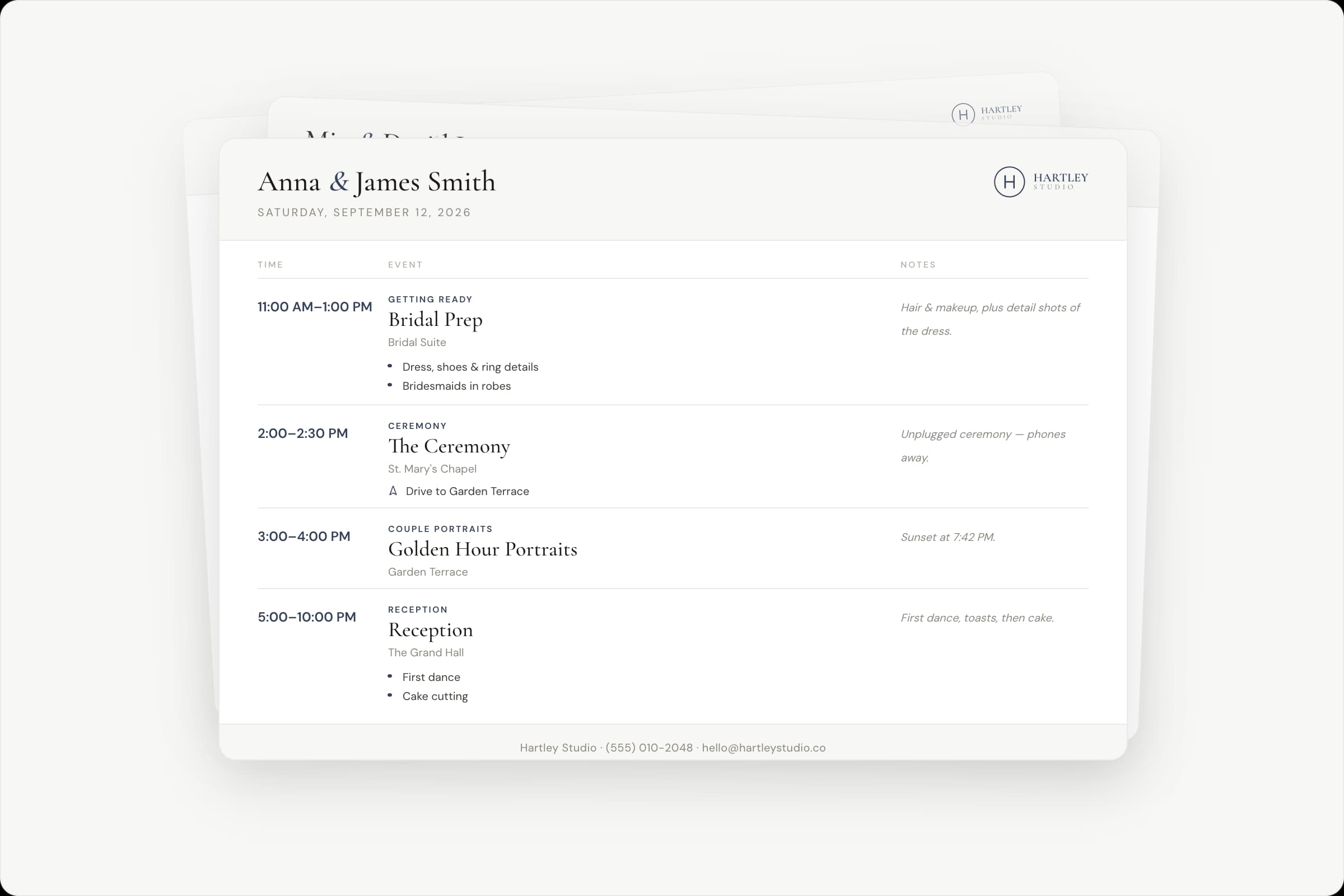 Logo, brand color, and per-block-type default colors set once in Settings, then a new wedding's timeline inheriting all of it, with more weddings stacked behind in the same brand.