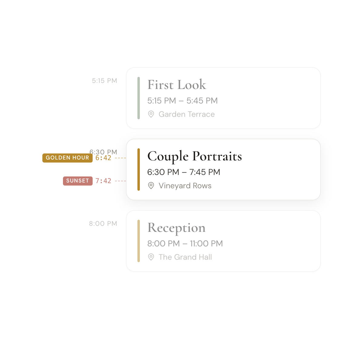 A timeline canvas with the golden hour window marked from the venue's sunset time.