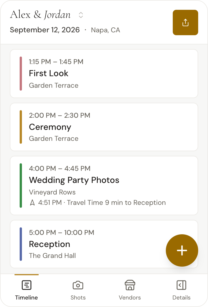 The Daymarked timeline on a phone: Alex and Jordan's wedding day with the 2:00 PM ceremony between the first look and the afternoon's photos, travel time to the reception, and the button to add a block.