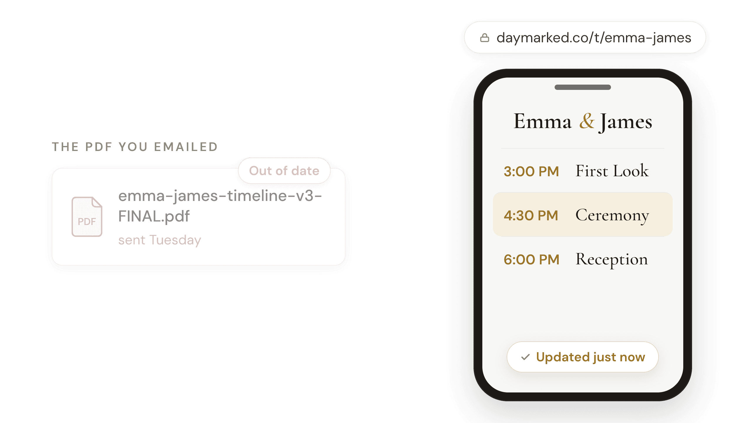 An emailed timeline PDF marked out of date while the couple's shared link updates itself to the new ceremony time.
