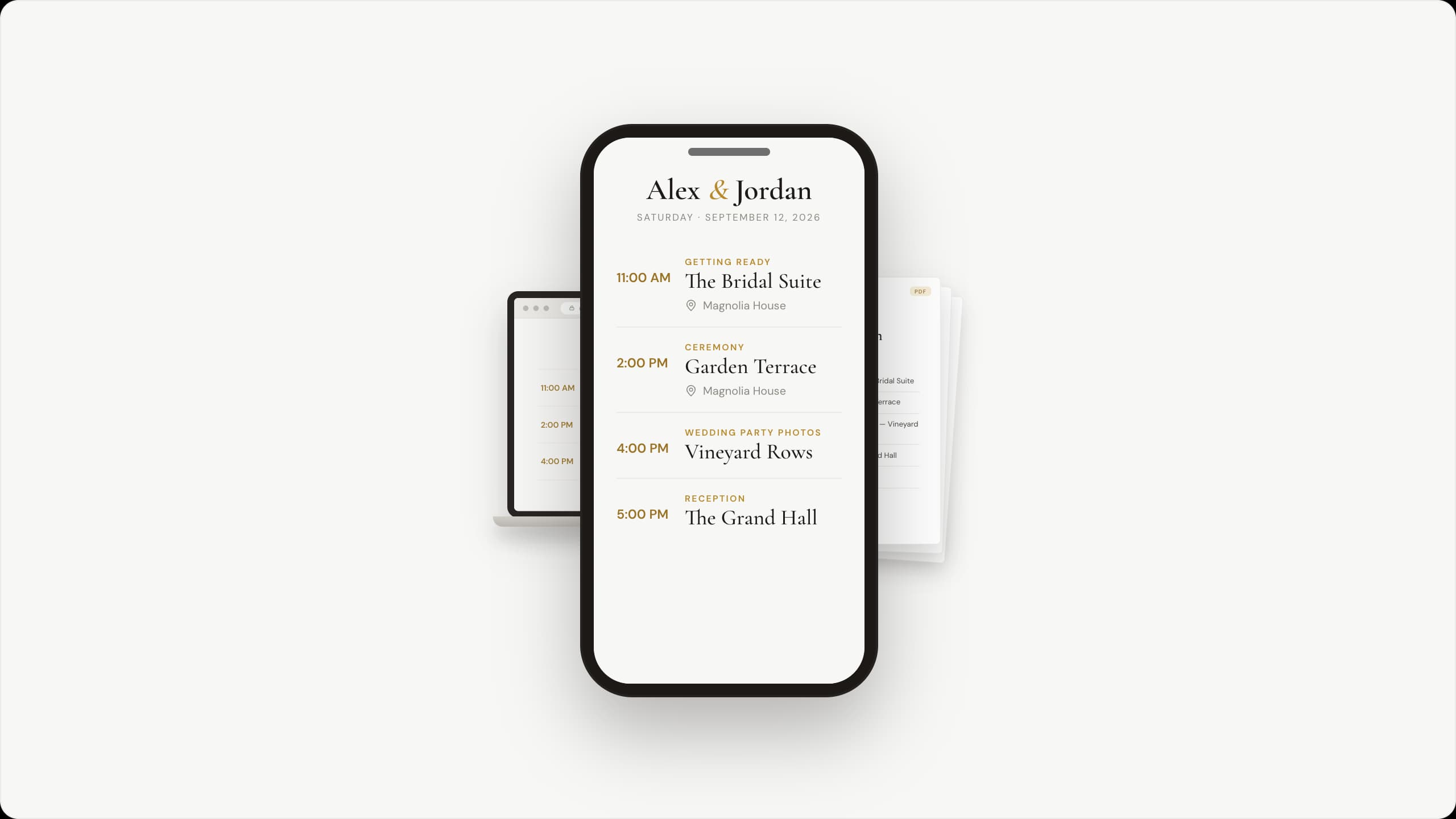 One client-facing wedding timeline shown three ways — on a phone, on a laptop at a shareable link, and as a clean printable PDF.