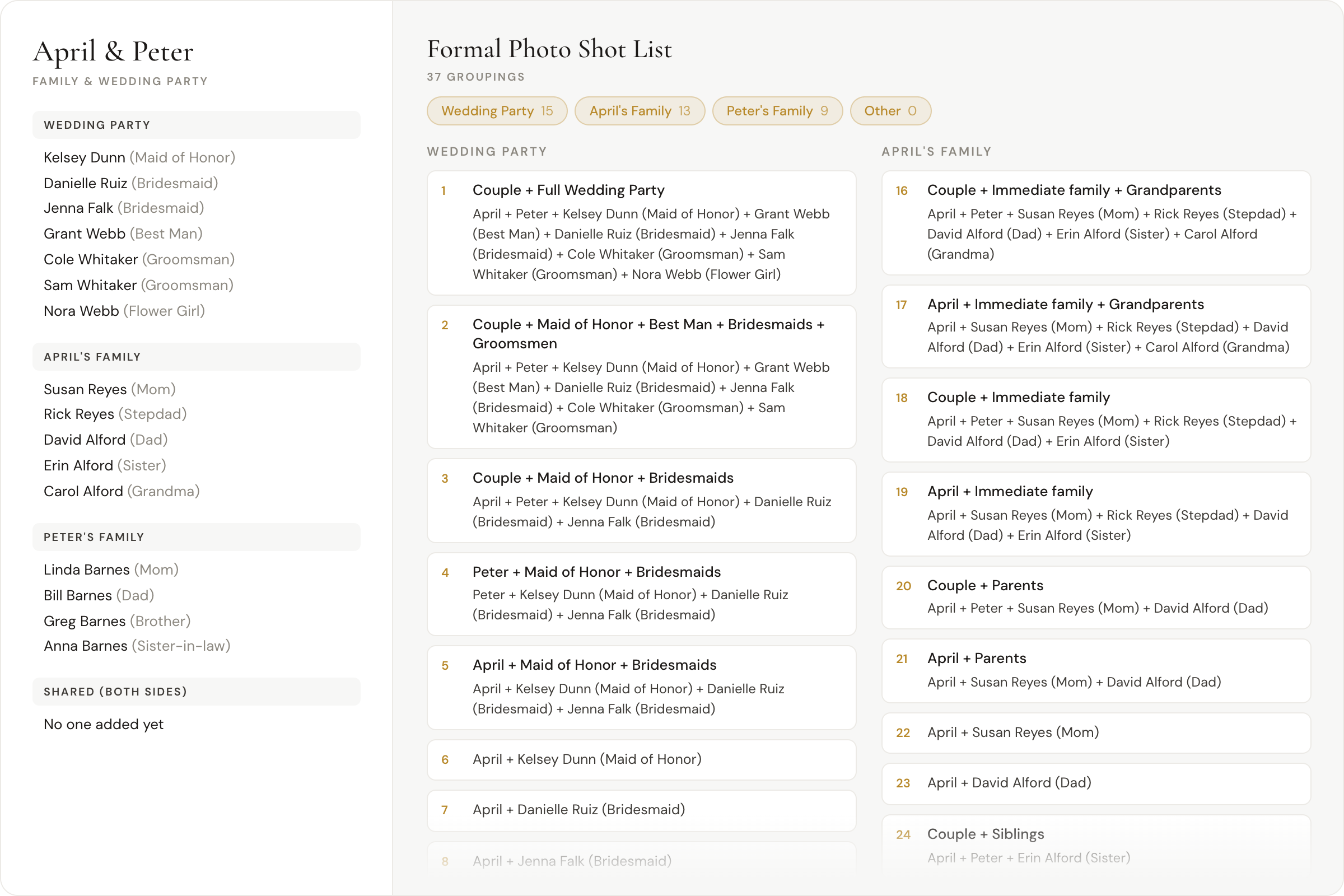 The couple's family and wedding-party list generating a numbered family formals shot list in one click, with their real names in each shot title.