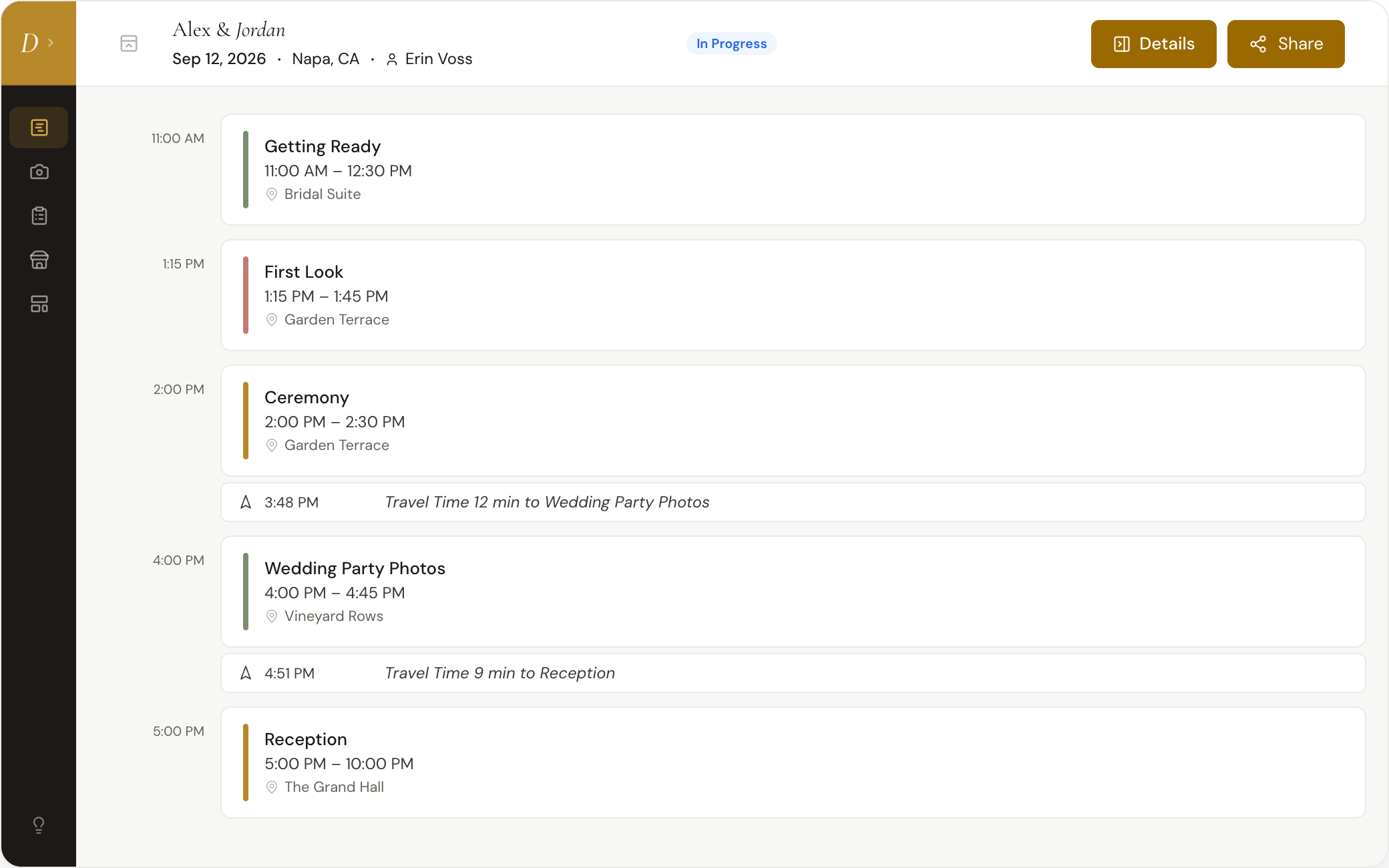 The Daymarked timeline builder: a wedding-day agenda assembling block by block, with drive-time between venues.
