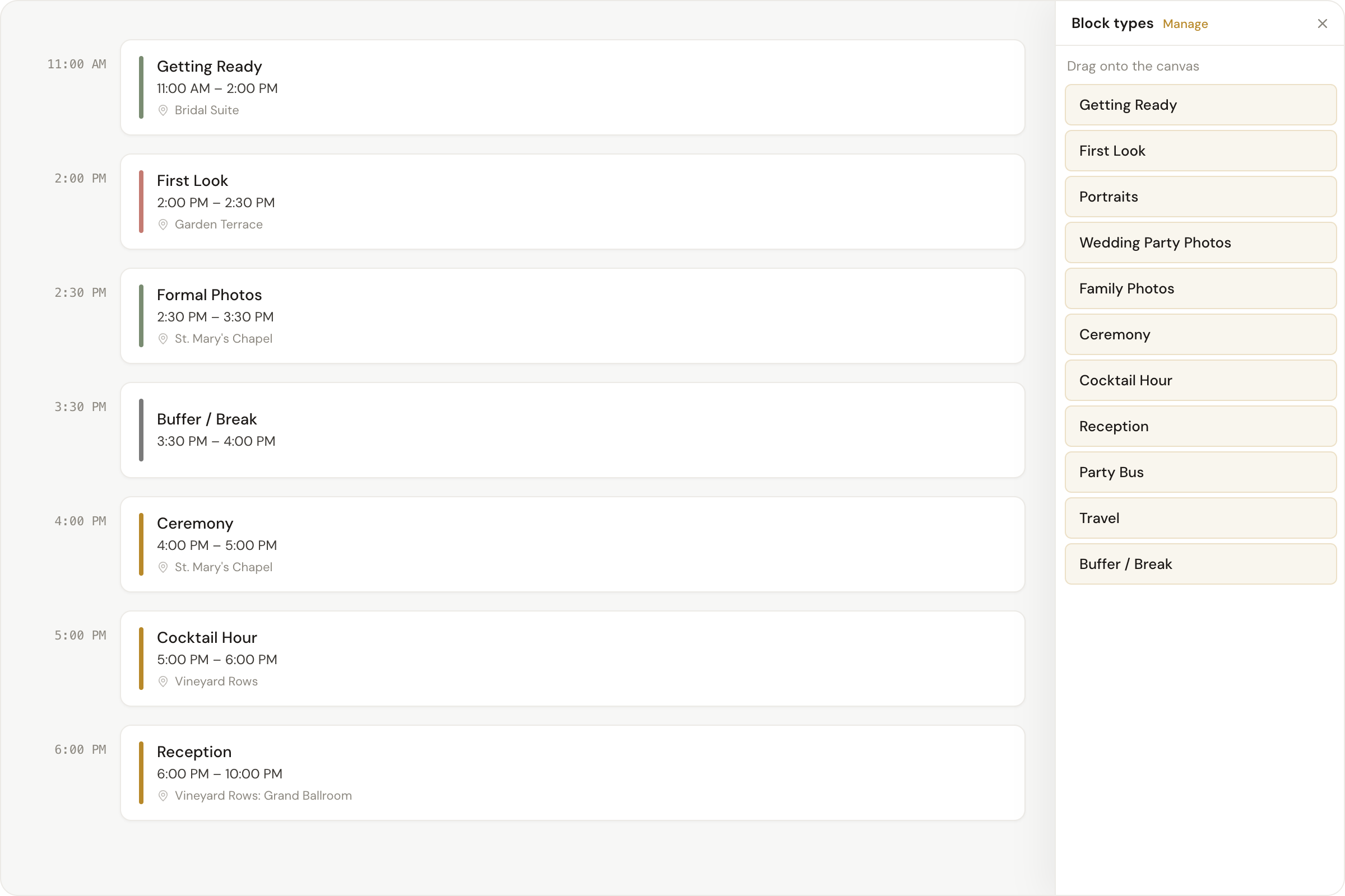 The Build Timeline tool: an empty canvas transitioning to a fully proposed wedding day, sequenced and timed.