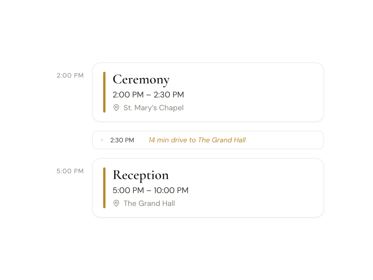 Two timeline blocks with a drive-time travel subtask inserted automatically between them.